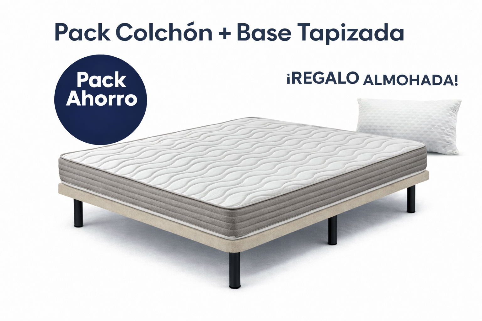 Pack colchón y base tapizada con almohada de regalo en Madrid y Fuenlabrada