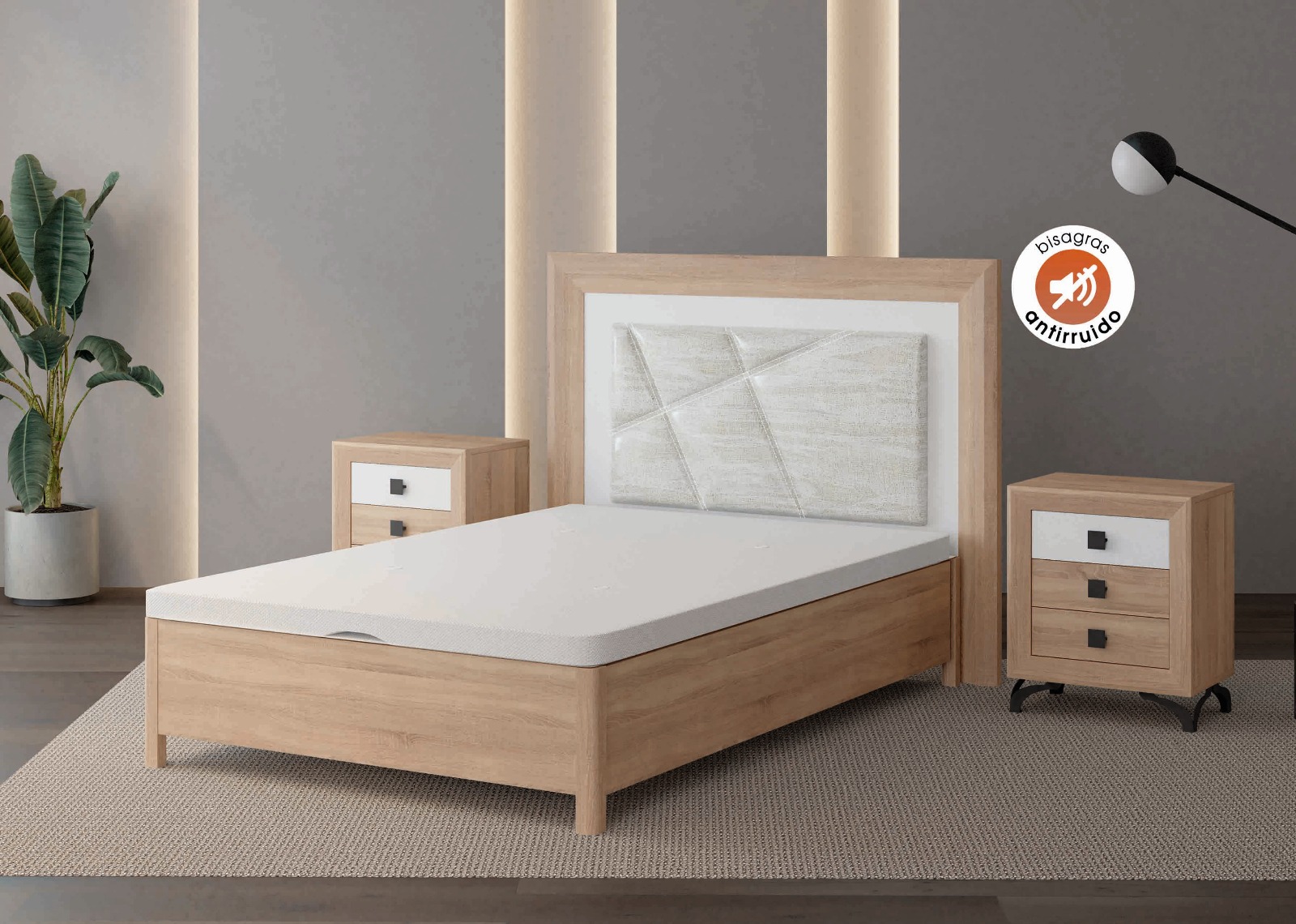 Canapé arcón madera con patas en dormitorio moderno