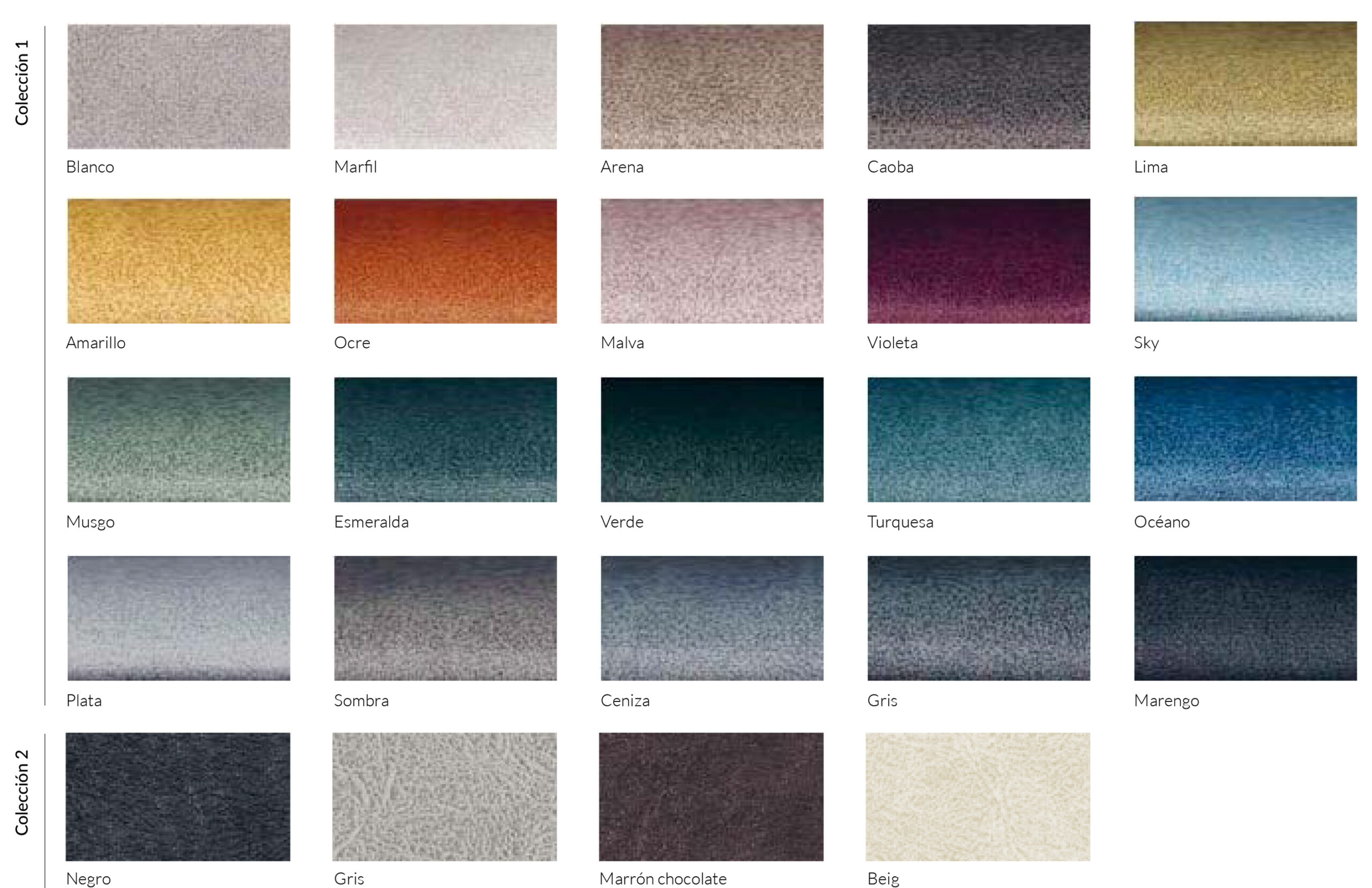 Colores disponibles Cama articulada Samara - Colección 1 y Colección 2