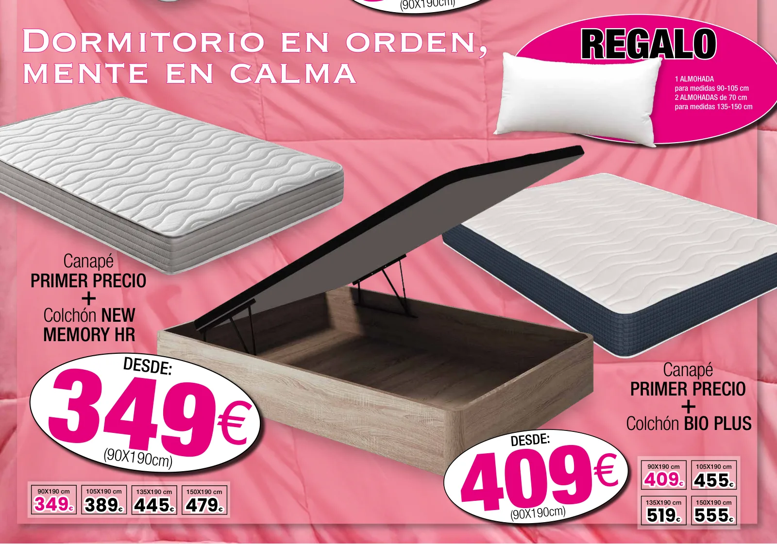 Ofertas de febrero: packs primer precio con canapé y colchón, incluye regalo de almohadas según medida