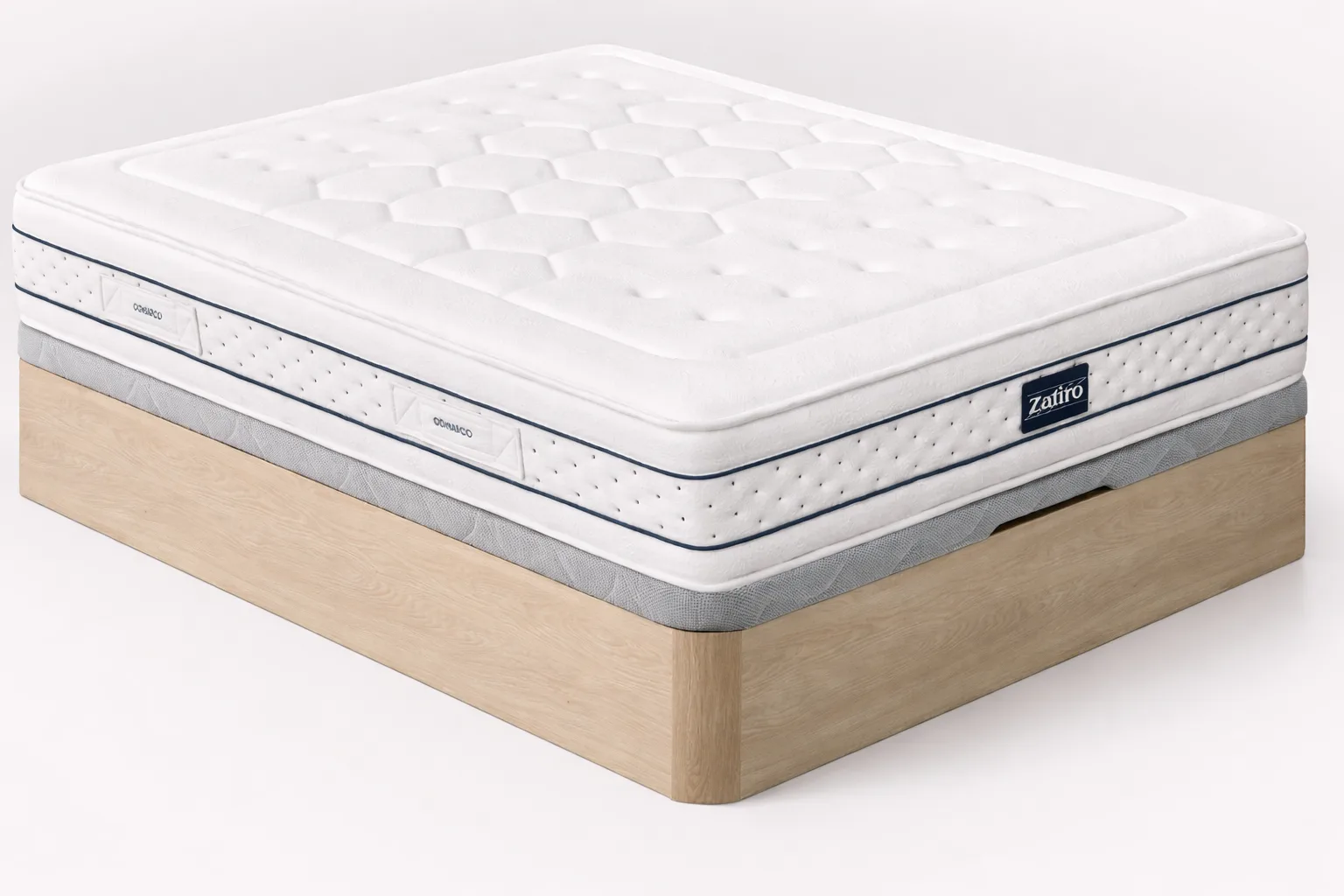 Pack Gomarco colchón Zafiro Lumbar y canapé arcón madera, conjunto de descanso con almacenaje y soporte lumbar
