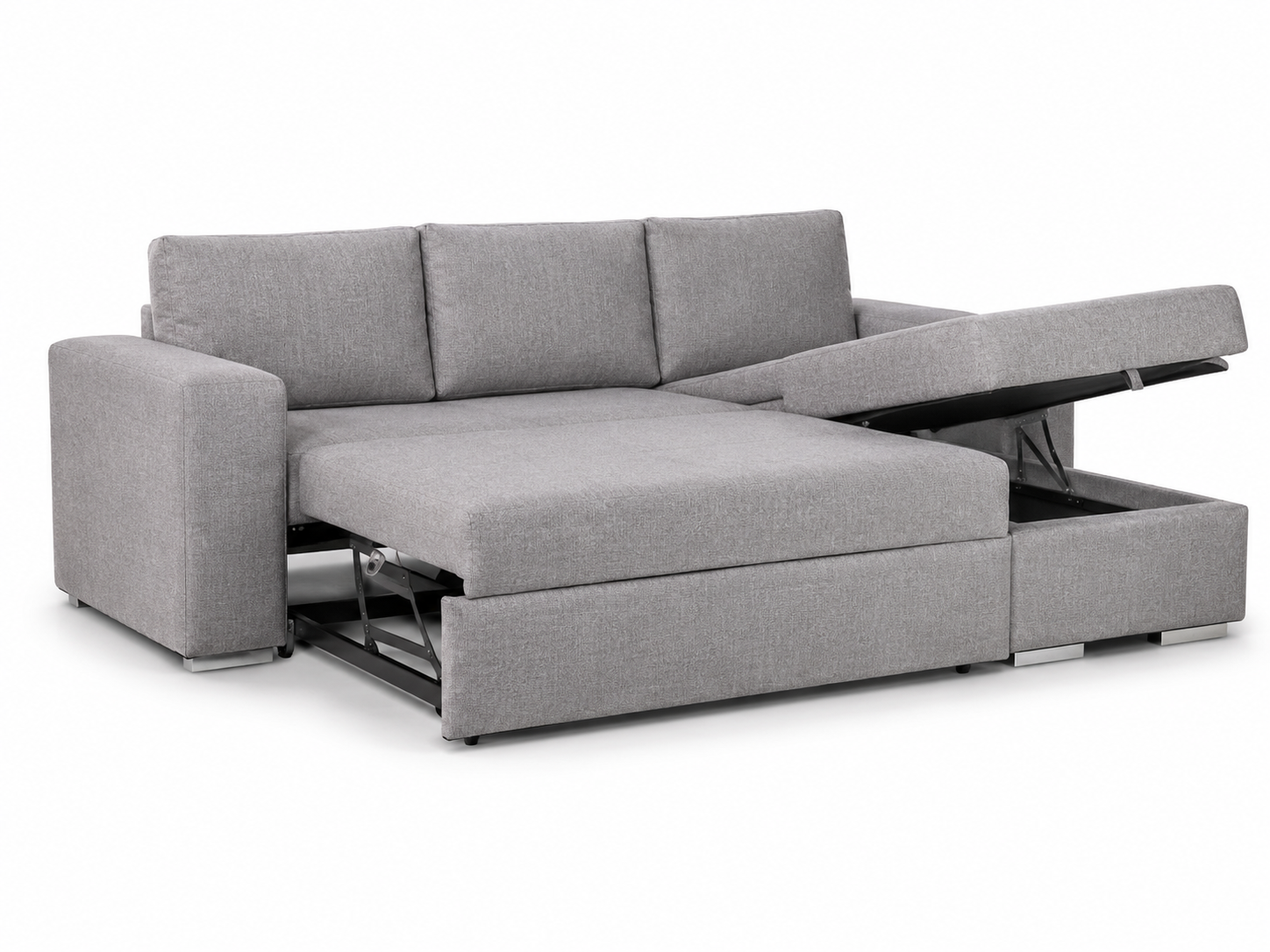 Sofá chaiselonge cama gris abierto con asiento extensible y arcón