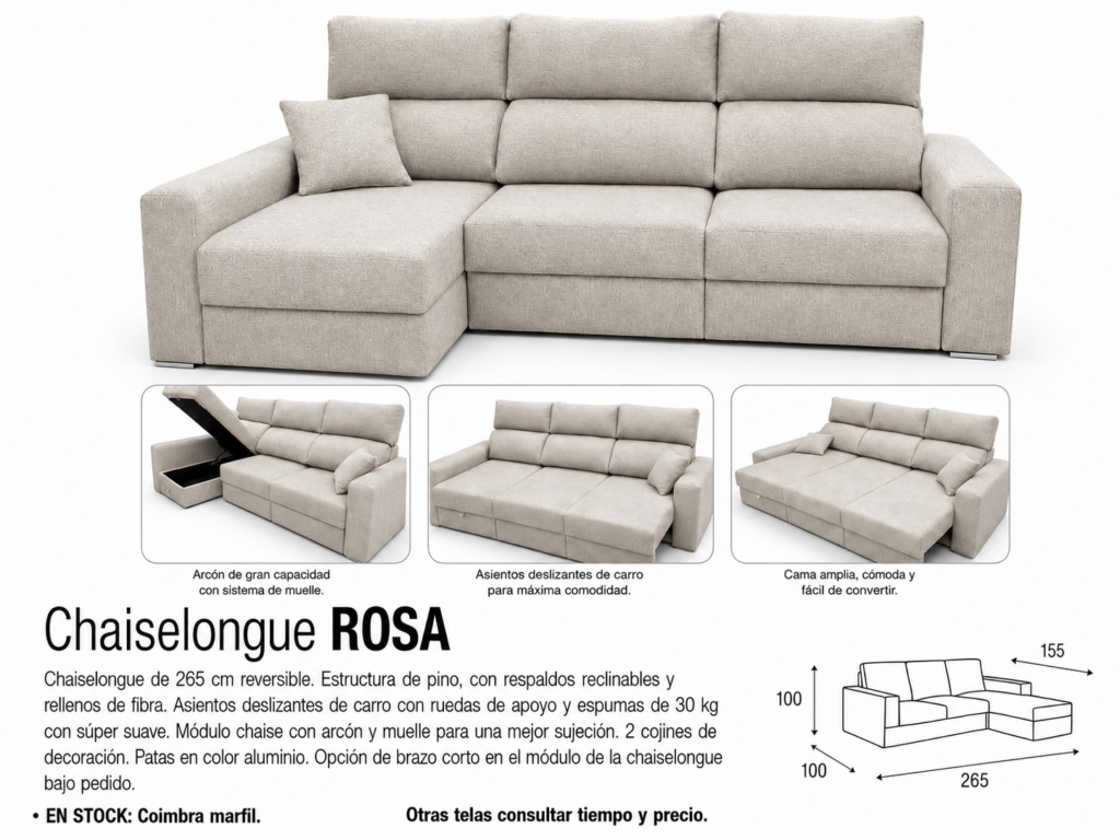 Chaiselongue Rosa reversible de 265 cm en tejido Coimbra marfil con arcón y asientos deslizantes