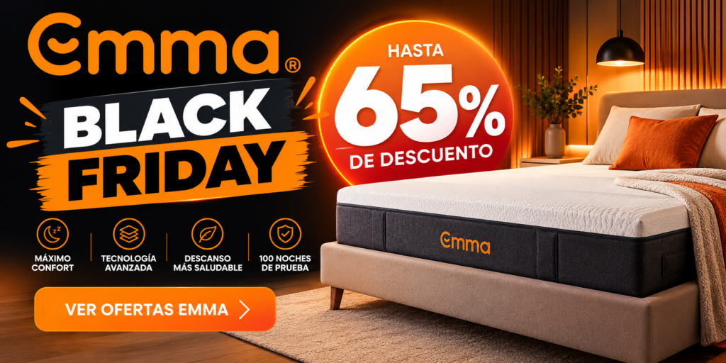 banner black Friday Emma con colchón de la marca y diseño promocional negro y naranja